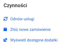 Sekcja Czynności z trzema opcjami zarządzania usługami