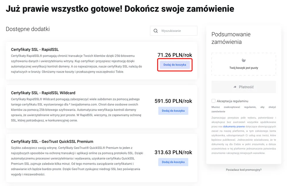Strona zamawiania dodatków z przyciskiem Dodaj do koszyka