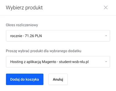 Okno wyboru cyklu rozliczeniowego i usługi dla dodatku
