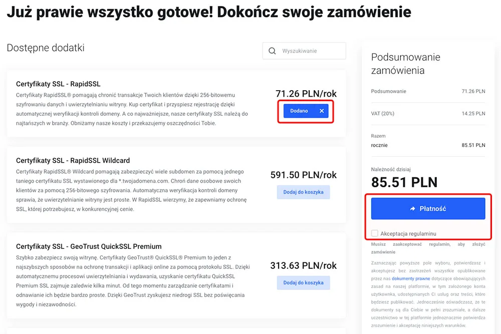 Dodatek dodany do koszyka zakupowego