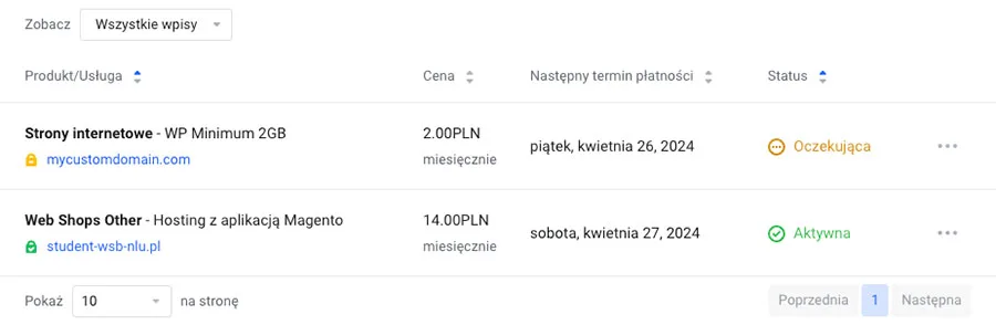 Lista zakupionych usług z danymi rozliczeniowymi