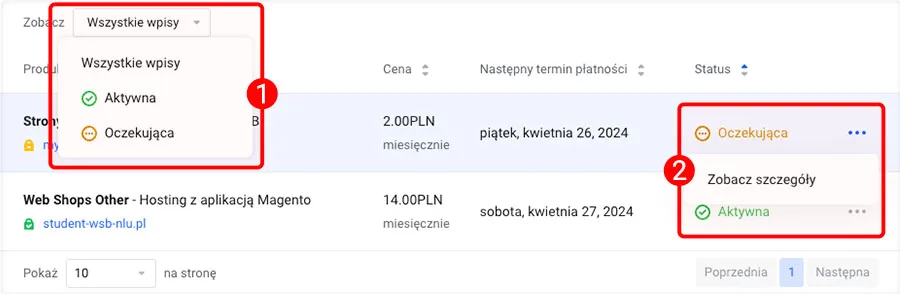 Filtrowanie listy usług według statusu i menu kontekstowe