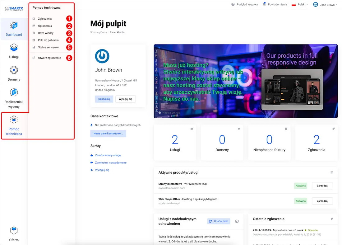 Menu nawigacyjne z zakładką Wsparcie i sekcjami pomocy technicznej