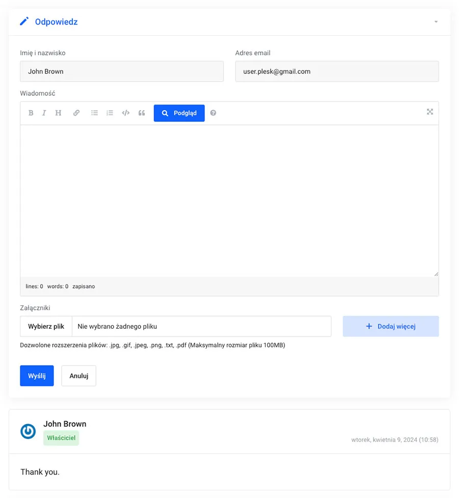 Formularz odpowiedzi na zgłoszenie