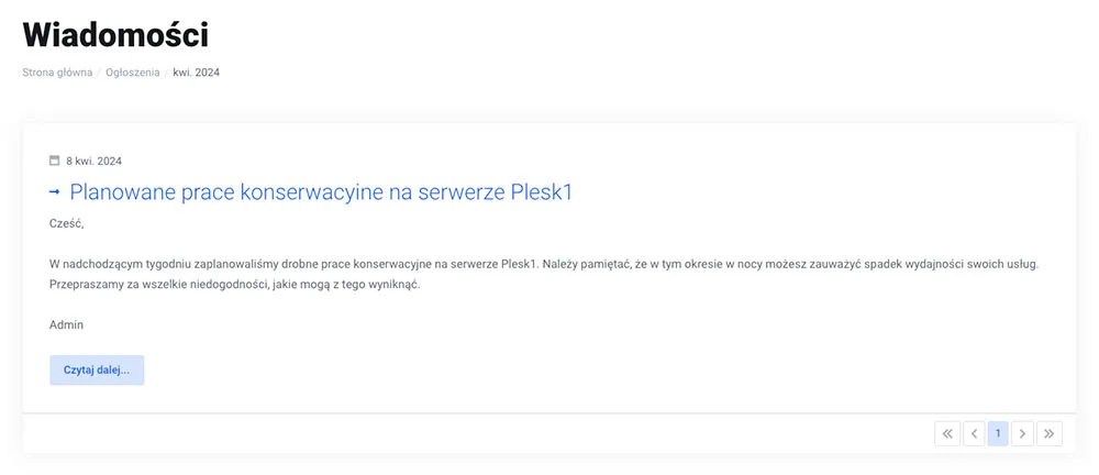 Strona ogłoszeń w sekcji Wsparcie