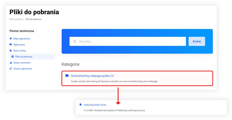 Sekcja plików do pobrania z kategoriami