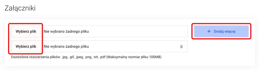 Formularz nowego zgłoszenia - sekcja załączników