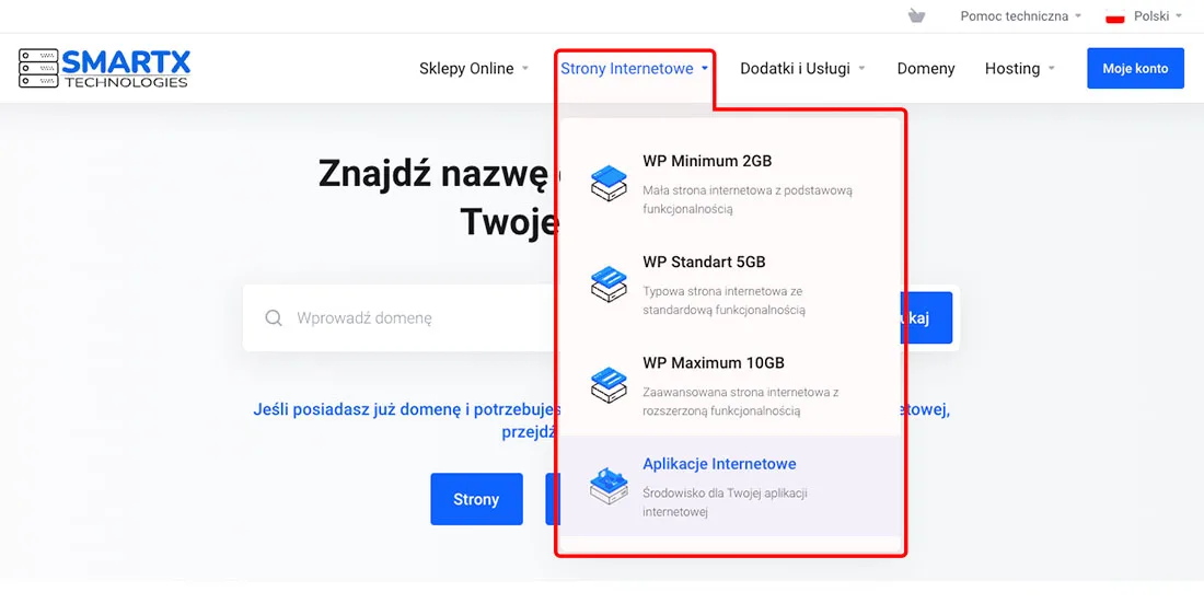 Menu główne smartxhosting.pl z rozwiniętą zakładką Strony internetowe i pozycją Aplikacje Internetowe