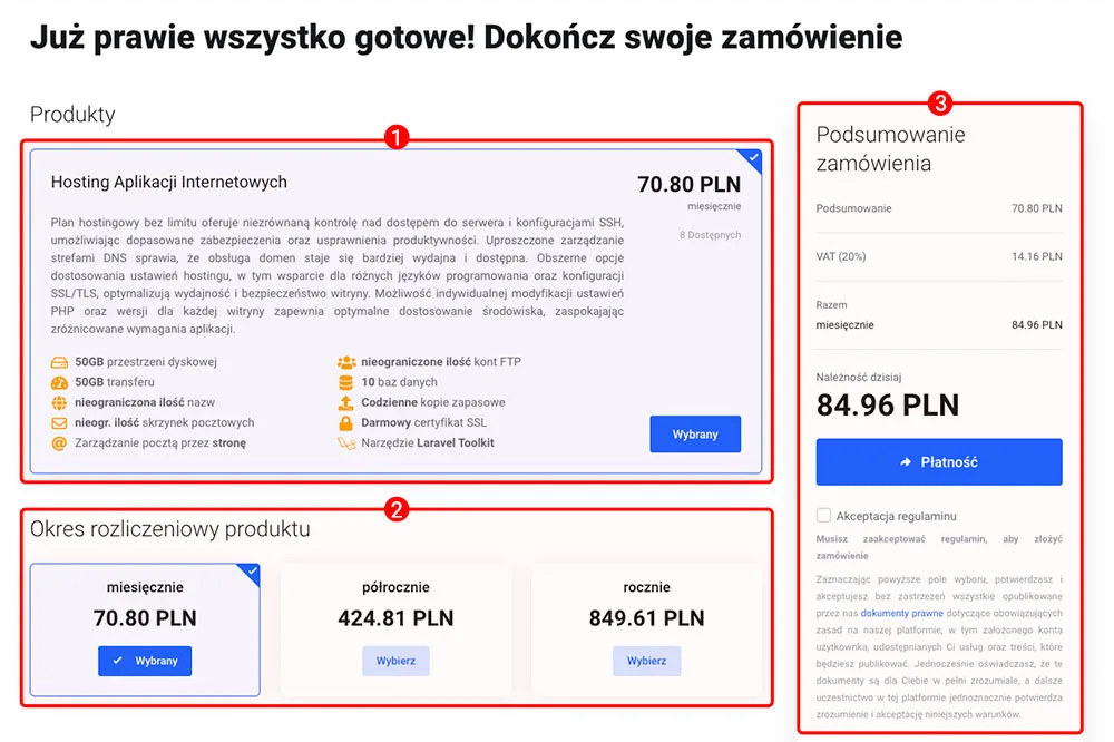 Ekran koszyka z potwierdzeniem produktu, cyklem rozliczeniowym i podsumowaniem