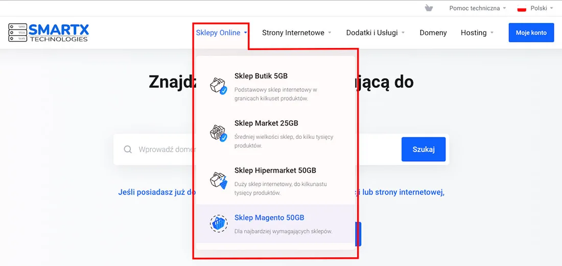 Menu główne smartxhosting.pl z rozwiniętą zakładką Sklepy internetowe i pozycją Sklep Magento 50GB