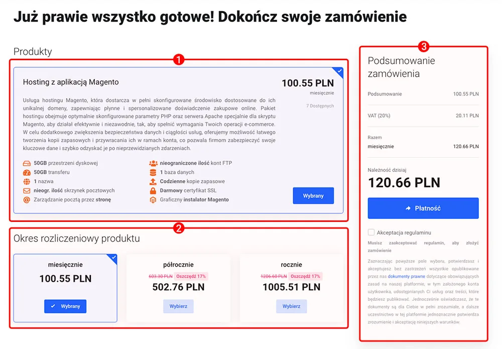 Ekran koszyka z potwierdzeniem produktu, cyklem rozliczeniowym i podsumowaniem