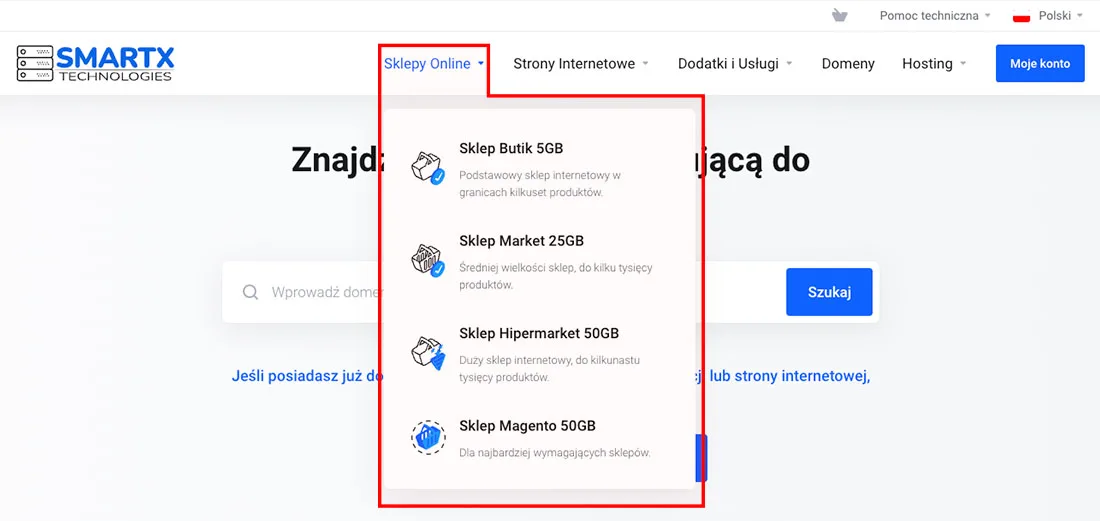 Menu główne smartxhosting.pl z rozwiniętą zakładką Sklepy Online