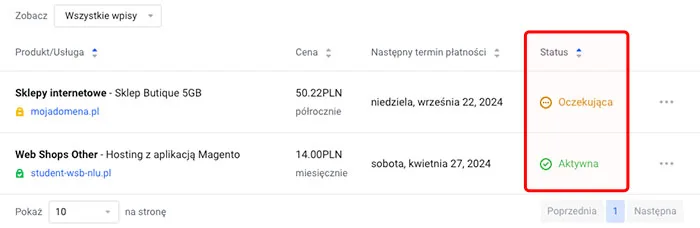 Status usługi w panelu klienta: Oczekująca / Aktywna