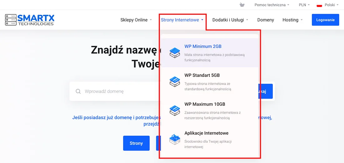 Menu główne smartxhosting.pl z rozwiniętą zakładką Strony Internetowe