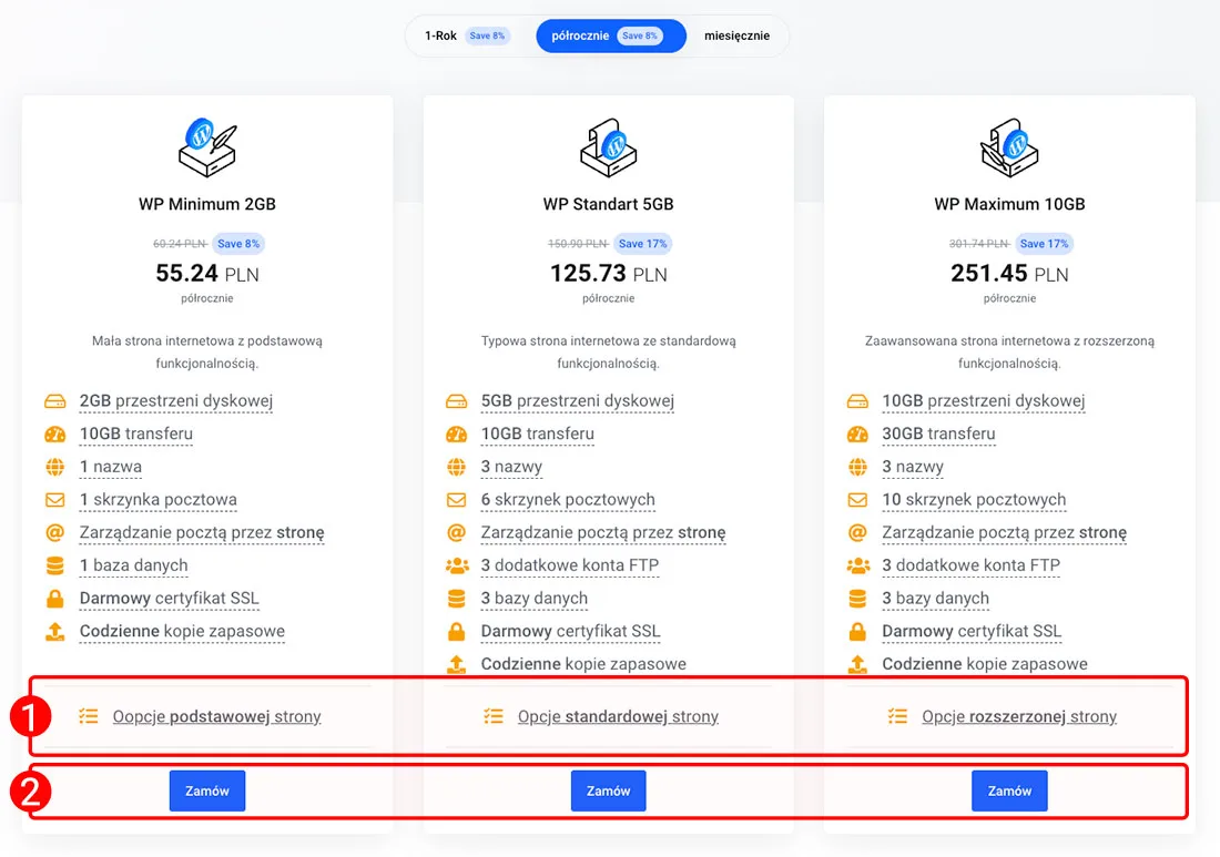 Strona z ofertami stron internetowych z przyciskami Zamów