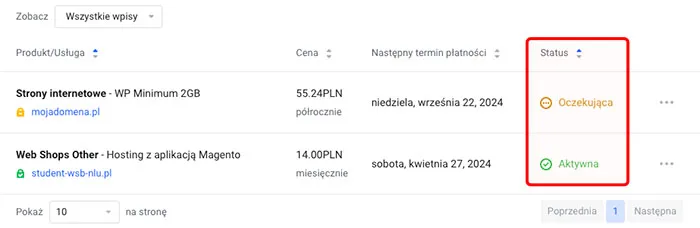 Status usługi w panelu klienta: Oczekująca / Aktywna