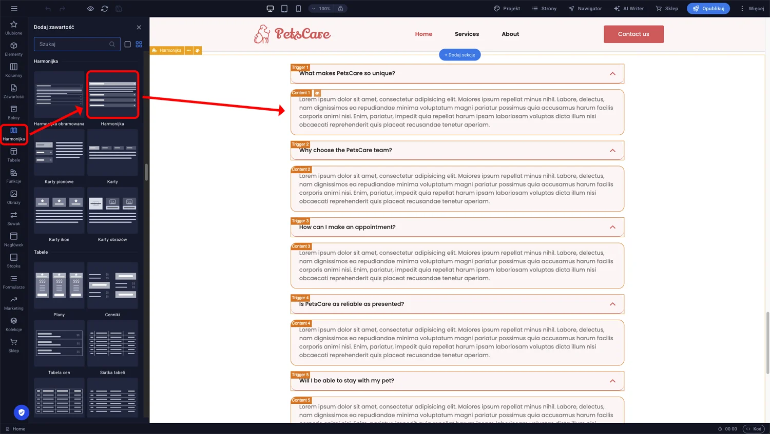Panel boczny edytora z elementem Harmonijka do przeciągnięcia na stronę w Sitejet Builder