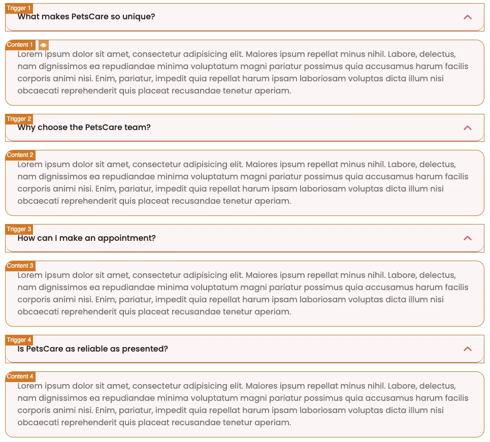 Struktura akordeonu w edytorze — widoczny trigger z nagłówkiem oraz pole content z treścią