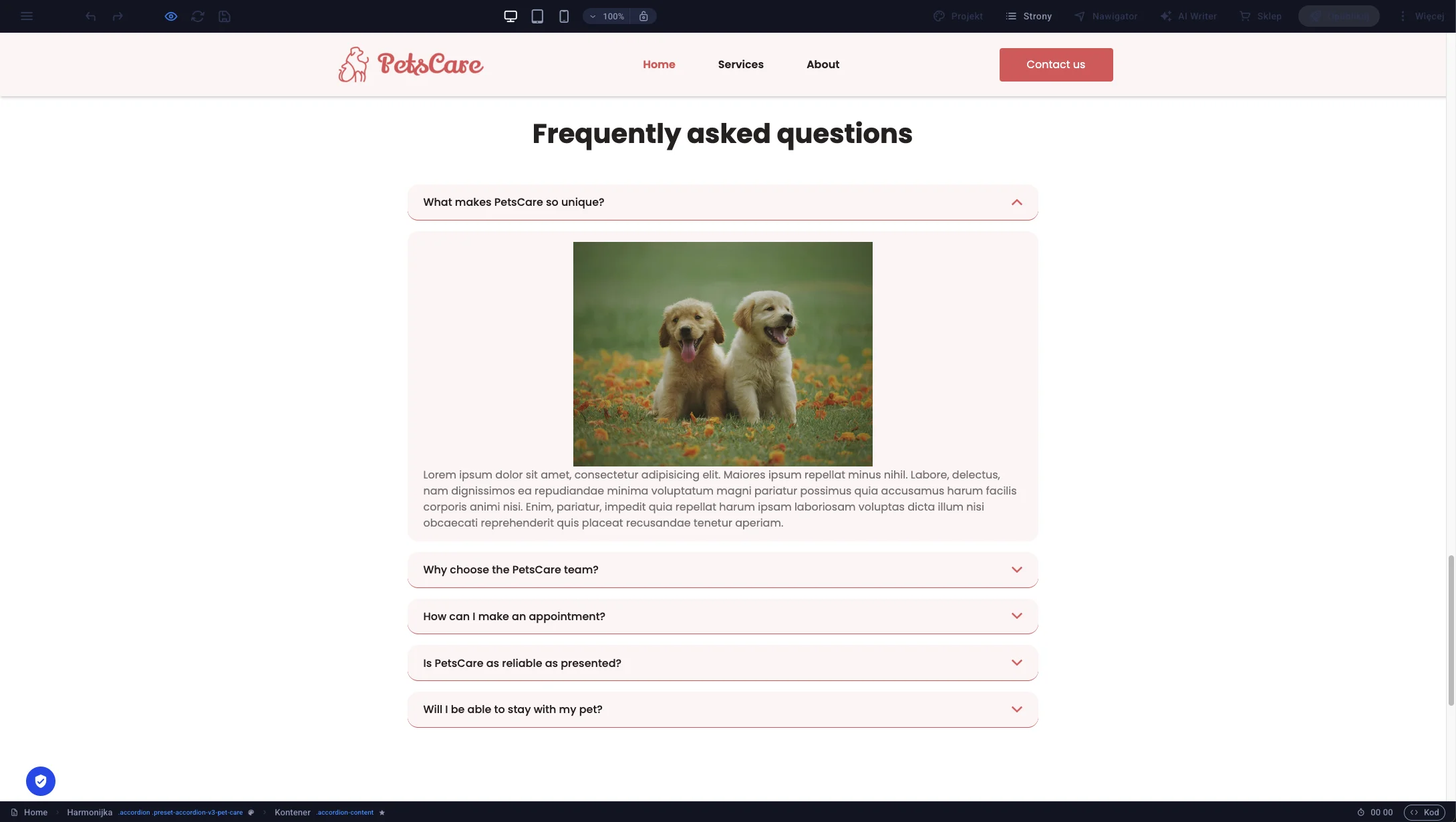 Podgląd strony z rozwiniętym akordeonem po kliknięciu ikony oka na górnym pasku edytora