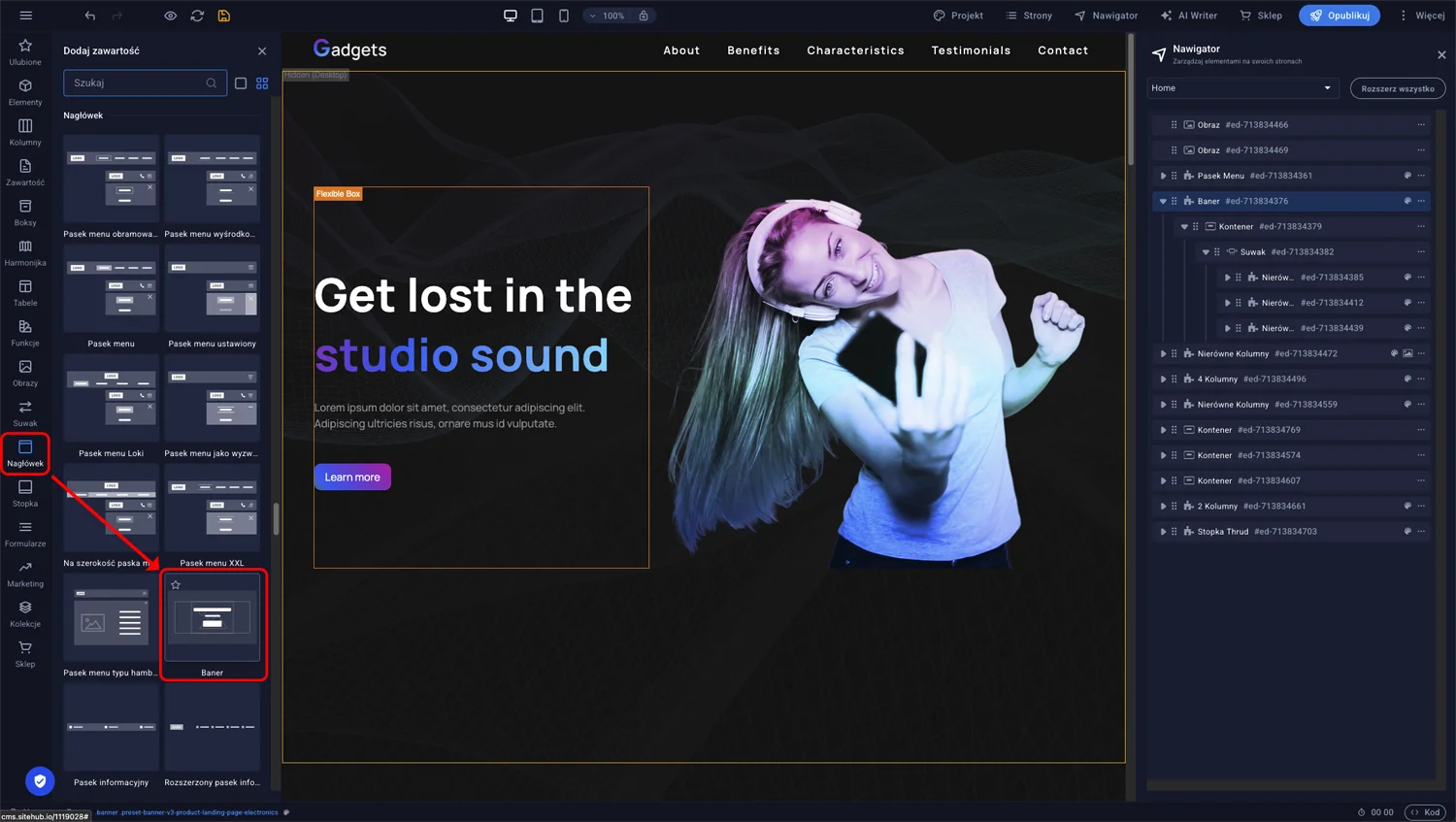Panel elementów Sitejet Builder z otwartą kategorią Nagłówek i zaznaczonym elementem Baner do przeciągnięcia na stronę