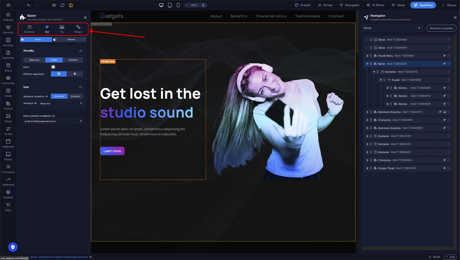Panel ustawień banera w Sitejet Builder z opcjami konfiguracji tła, marginesów, animacji i odnośnika