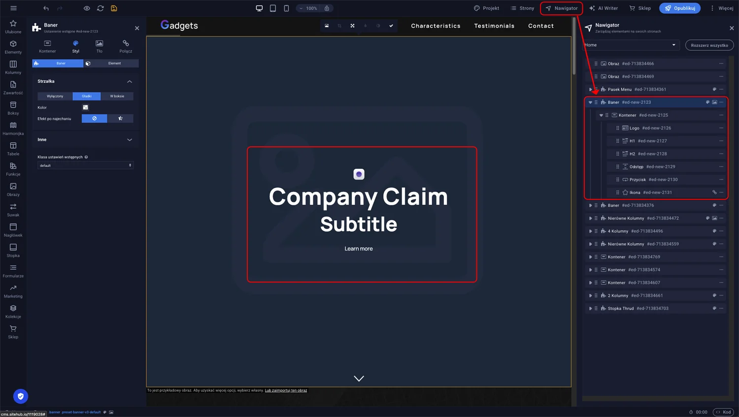 Edytor Sitejet Builder z otwartym panelem Nawigator pokazującym strukturę elementów wewnątrz sekcji banera