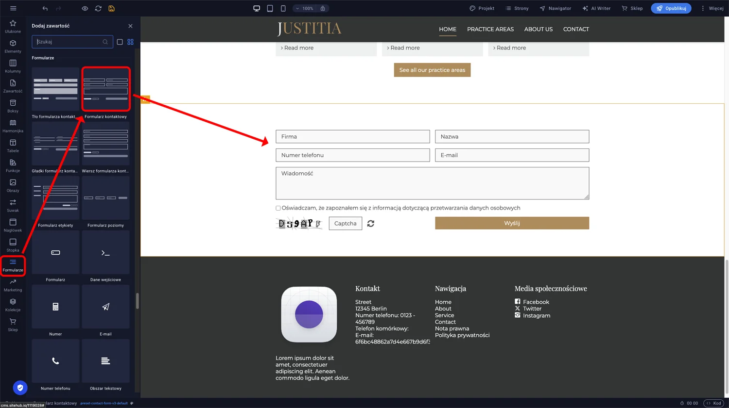 Lewy panel boczny edytora Sitejet Builder z otwartą sekcją Formularze i elementem Formularz kontaktowy do przeciągnięcia