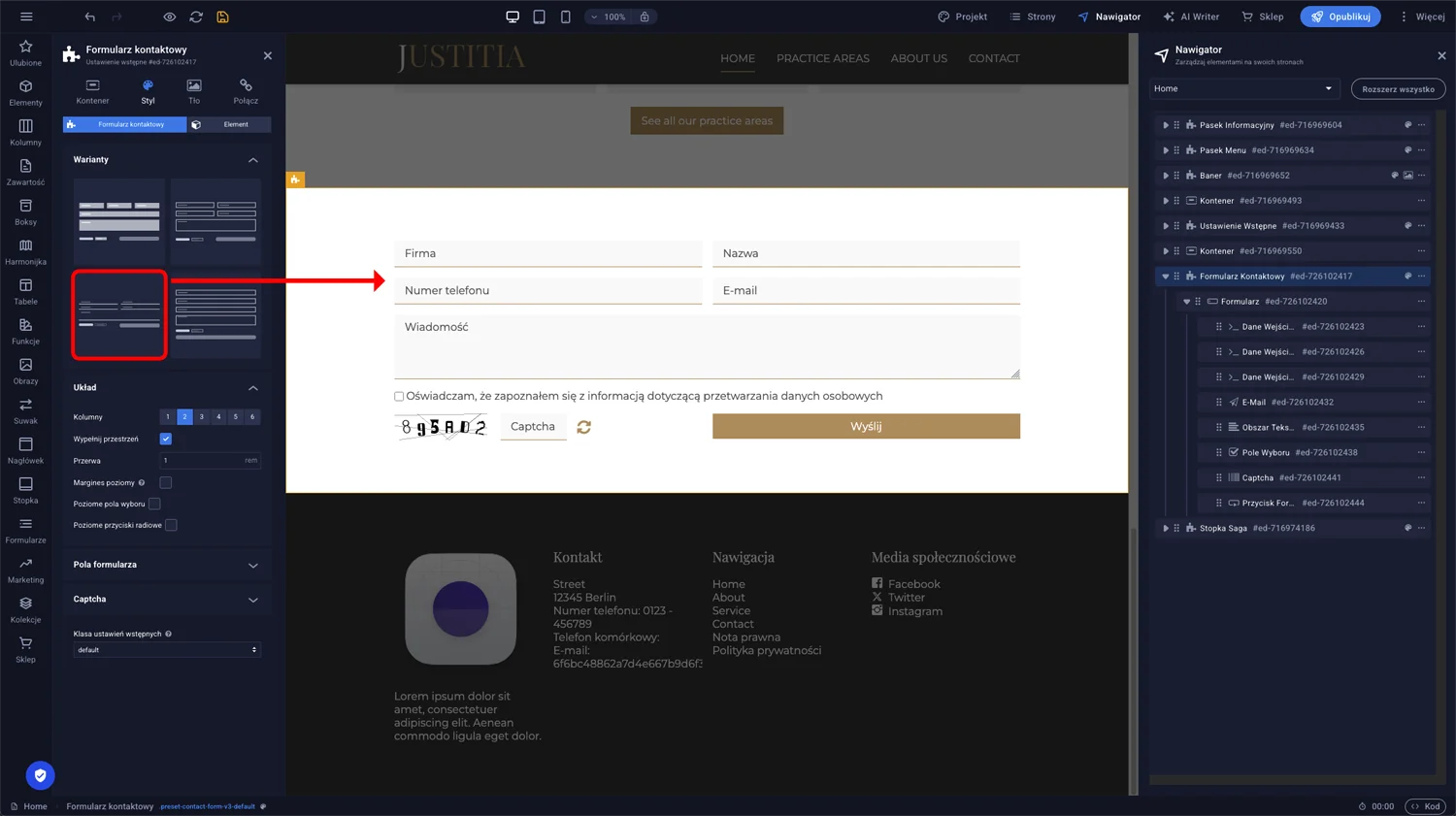 Panel opcji formularza kontaktowego z zakładką Styl i dostępnymi wariantami wyglądu w edytorze Sitejet Builder