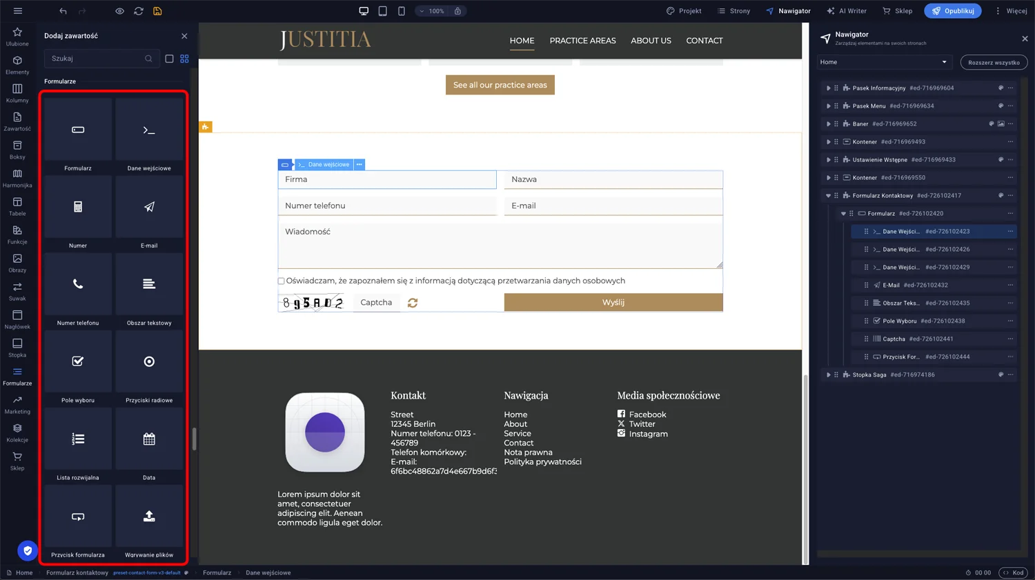 Panel Formularze z dodatkowymi typami pól do przeciągnięcia do istniejącego formularza kontaktowego