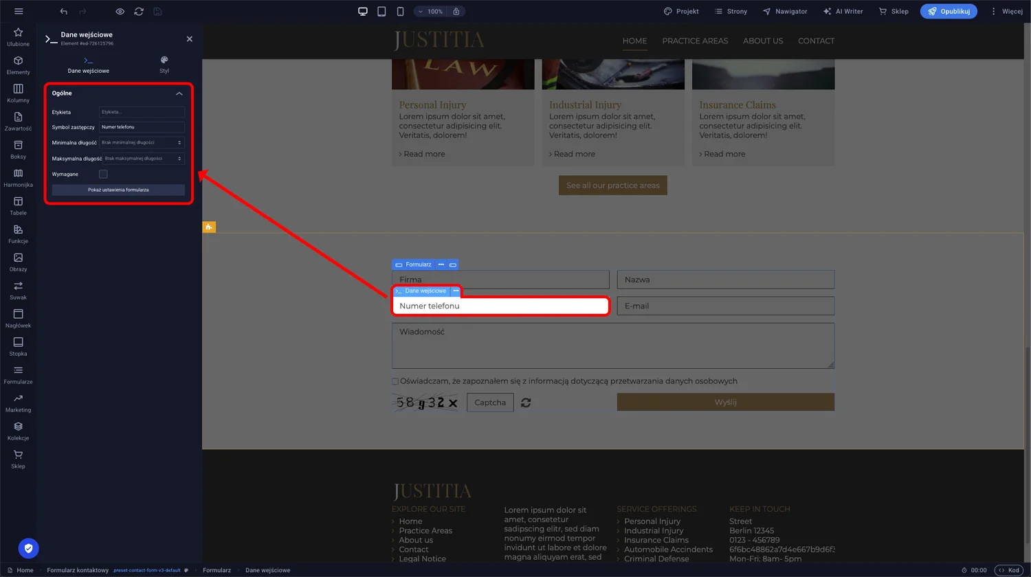 Panel ustawień pojedynczego pola formularza z opcjami nazwy, typu i wymagalności w Sitejet Builder