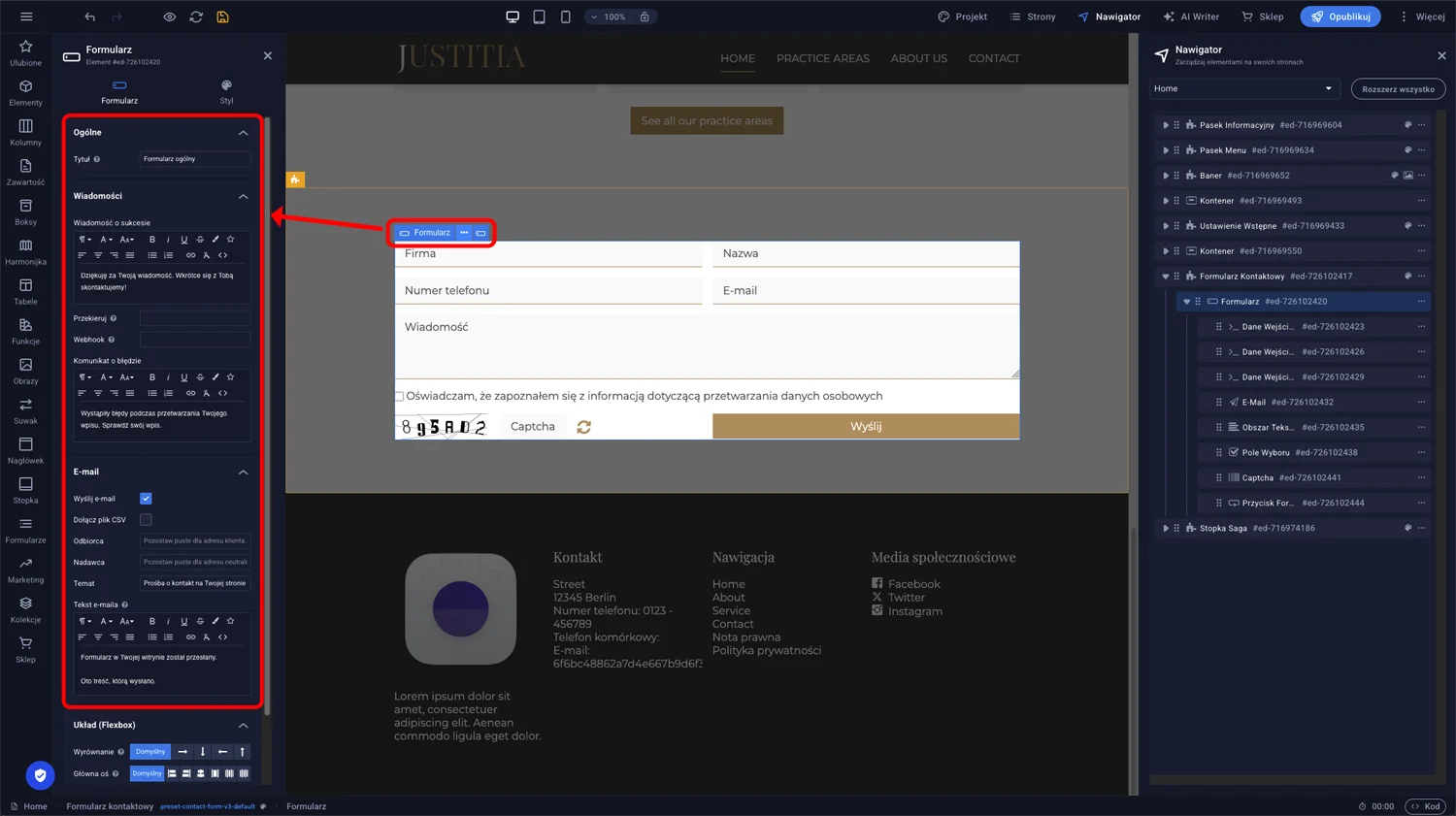 Panel ustawień formularza kontaktowego z sekcjami Ogólne, Wiadomości i Email w edytorze Sitejet Builder