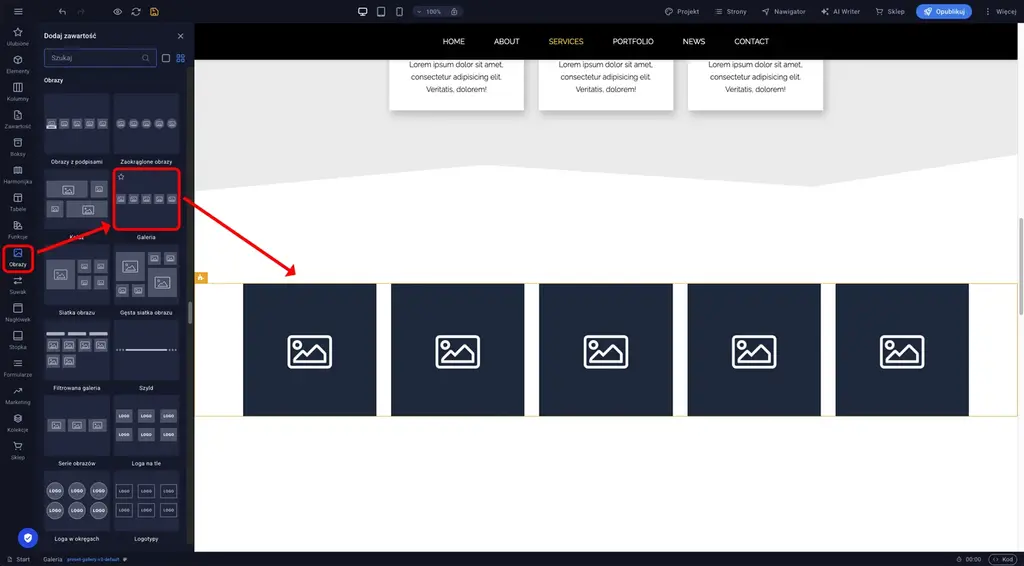 Panel boczny Obrazy z elementem Galeria gotowym do przeciągnięcia na stronę w edytorze Sitejet