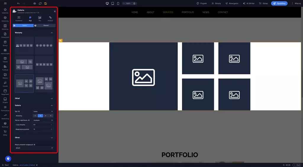 Sekcja Warianty w panelu ustawień galerii z miniaturami dostępnych układów zdjęć do wyboru