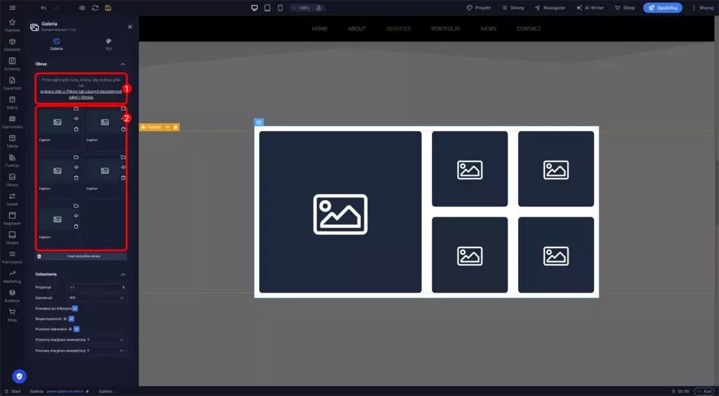 Panel ustawień galerii z blokiem dodawania nowych obrazów i listą istniejących zdjęć do edycji