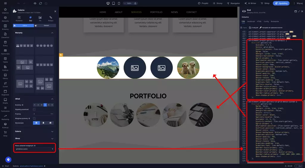 Zakładka Styl w panelu ustawień galerii z polem Klasa ustawień wstępnych do zmiany nazwy klasy CSS