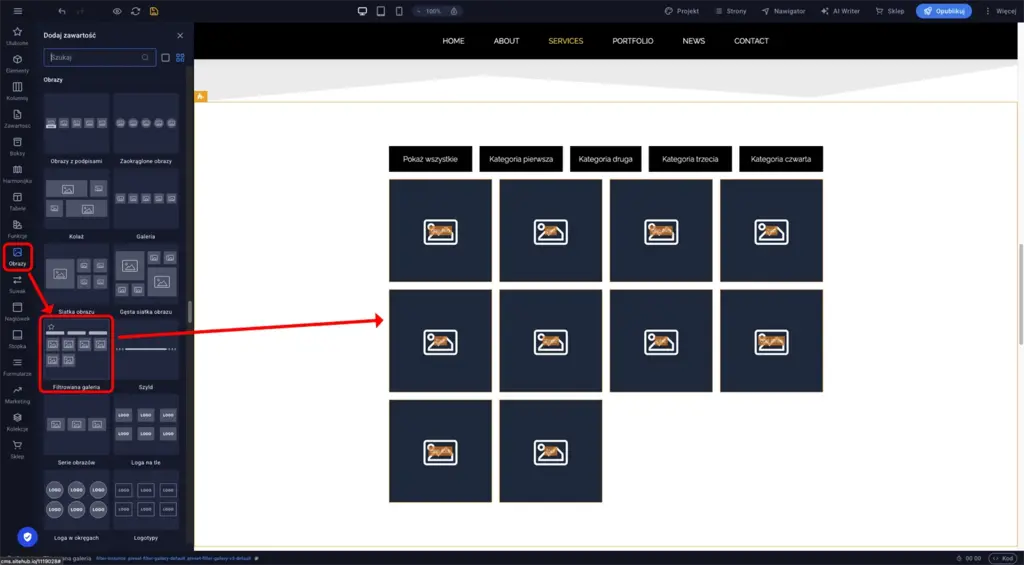 Element Filtrowana galeria w panelu bocznym Obrazy z przyciskami kategorii i siatką zdjęć