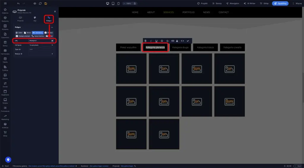 Zakładka Połącz w ustawieniach przycisku kategorii z polem URL zawierającym identyfikator kategorii