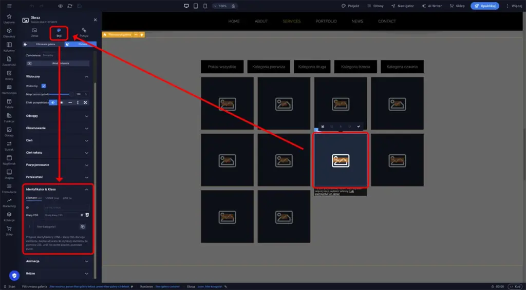 Sekcja Identyfikator i Klasa w zakładce Styl obrazu z polem Klasy CSS do przypisania filtra kategorii