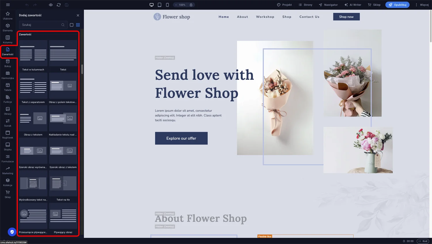 Panel boczny Zawartość z dostępnymi układami kafelków do przeciągnięcia na stronę w edytorze Sitejet