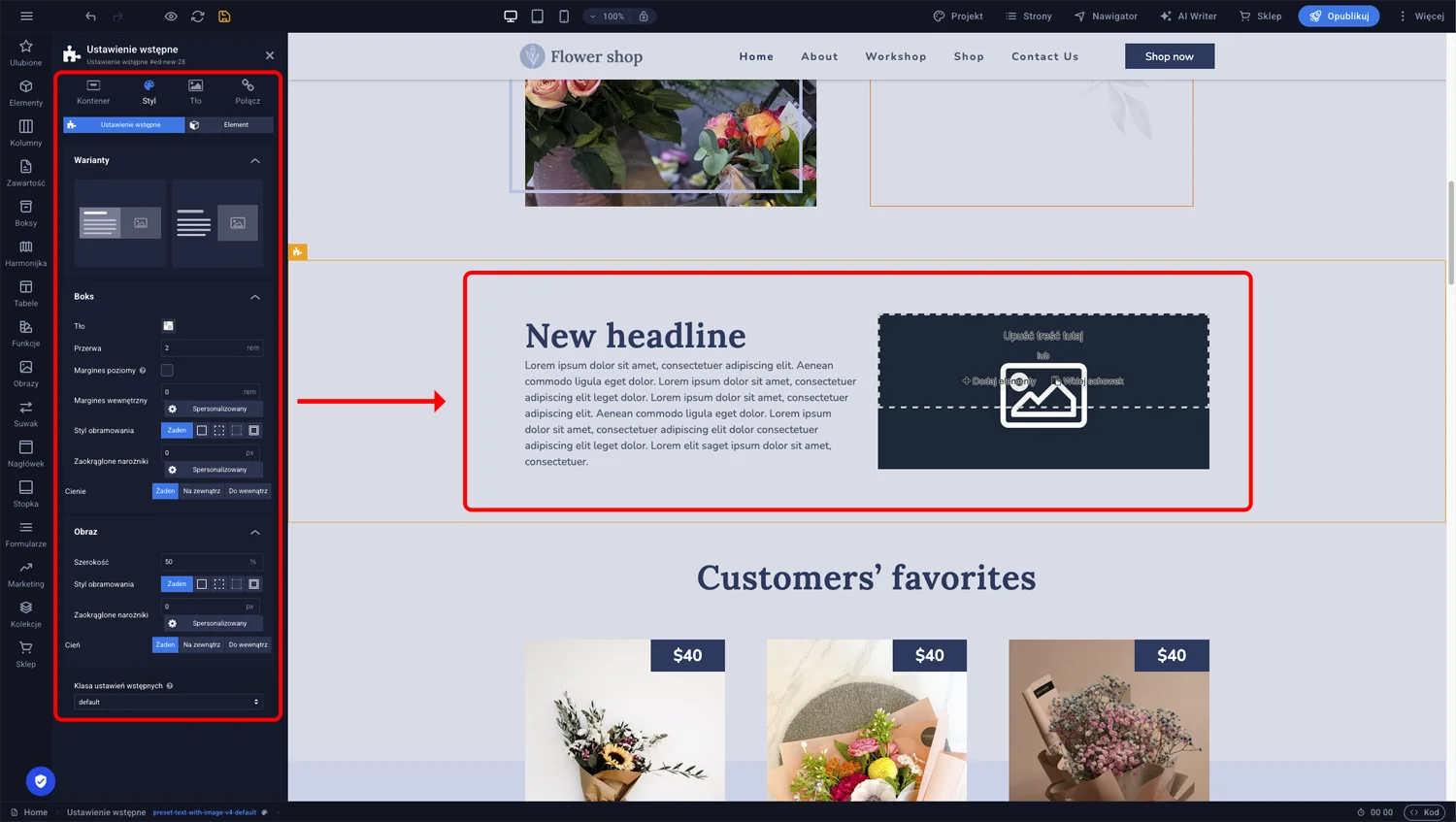 Panel ustawień kafelka z opcjami wariantu, odstępów i szerokości kolumn w Sitejet Builder