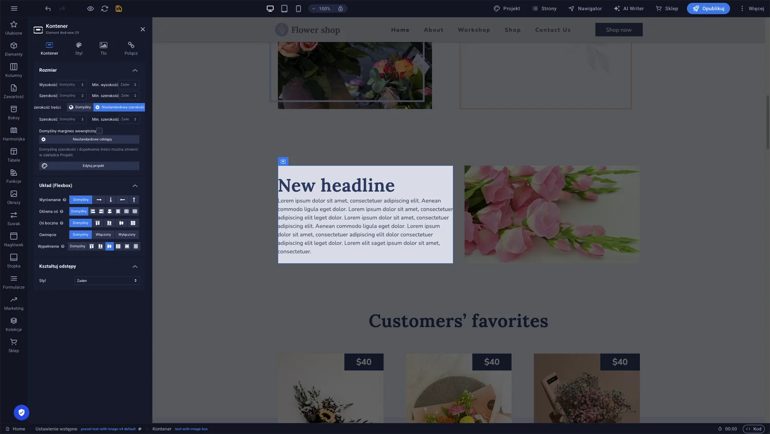 Edycja tekstu wewnątrz kafelka z treścią — widok panelu formatowania i głównego okna edytora