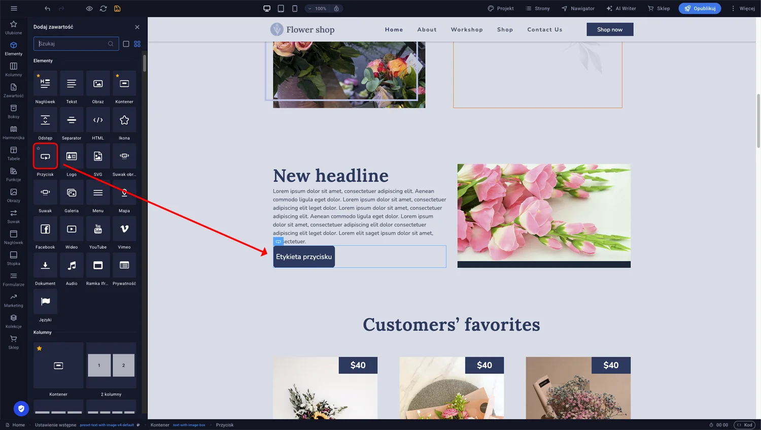 Przeciąganie elementu Przycisk z panelu Elementy do kafelka z treścią — zielona linia wskazuje pozycję