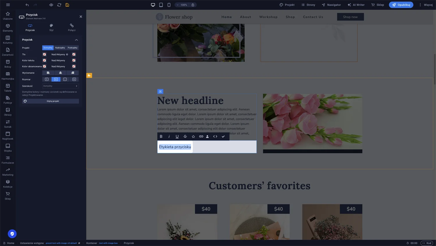 Panel edycji przycisku z polami tekstu, odnośnika i ustawień wyglądu w edytorze Sitejet Builder
