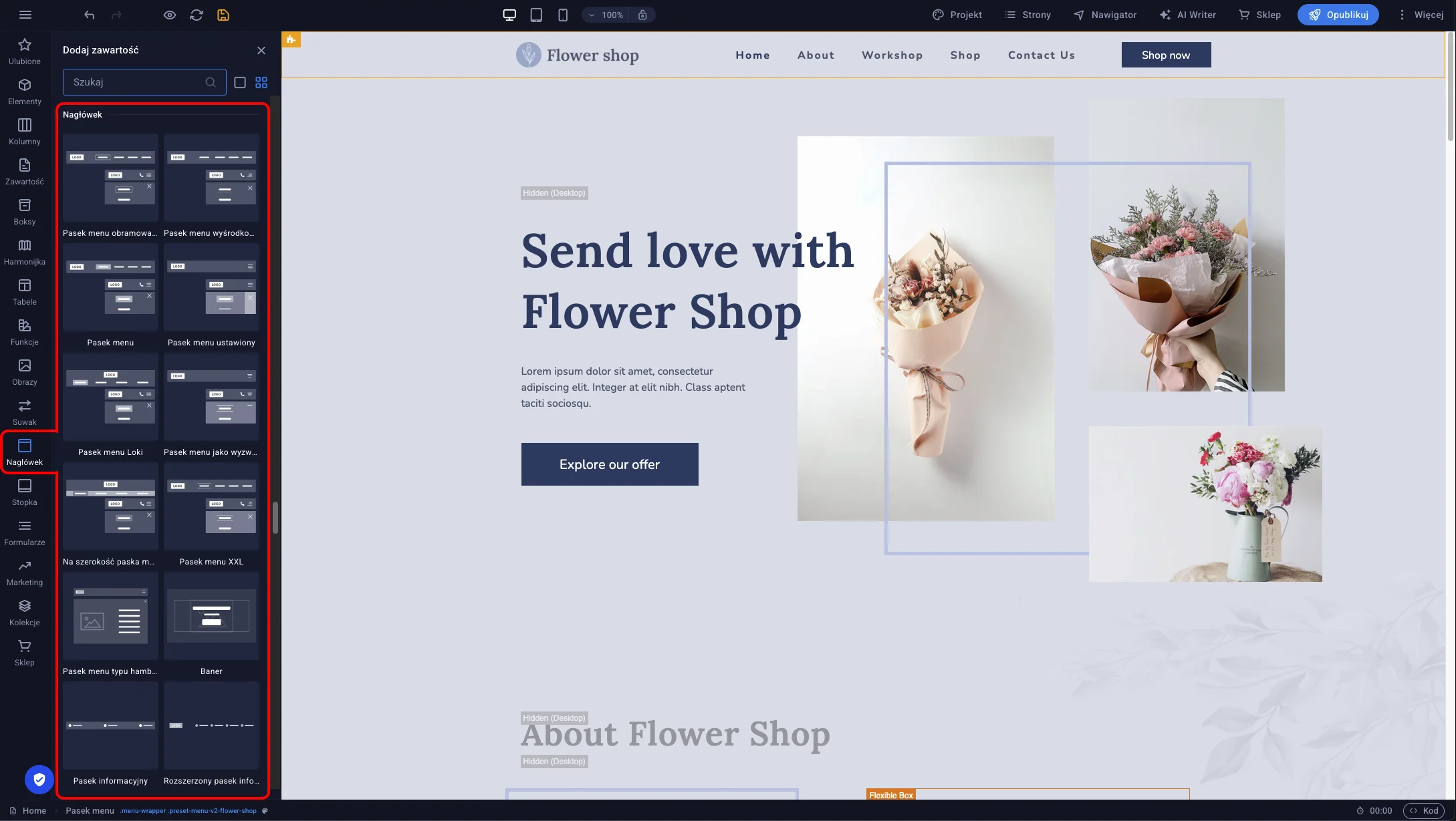 Panel dodawania elementów w Sitejet Builder z otwartą kategorią Nagłówek i dostępnymi układami menu do przeciągnięcia na stronę