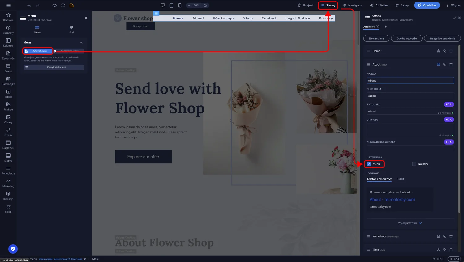 Ustawienia menu w trybie Auto z listą podstron generowanych automatycznie w panelu Sitejet Builder