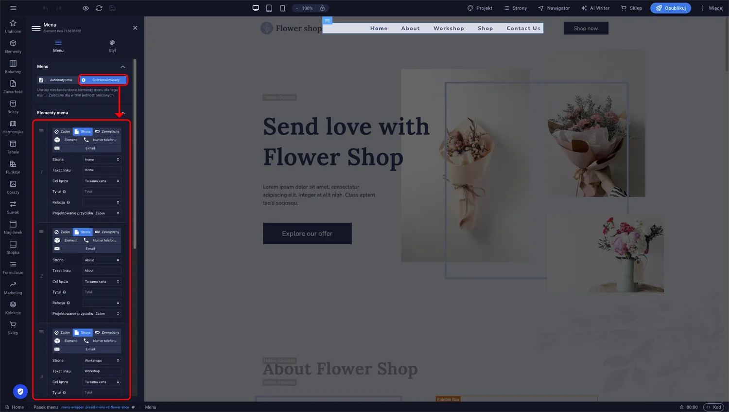 Panel konfiguracji spersonalizowanego menu w Sitejet Builder z listą pozycji i ikonami dodawania oraz usuwania elementów
