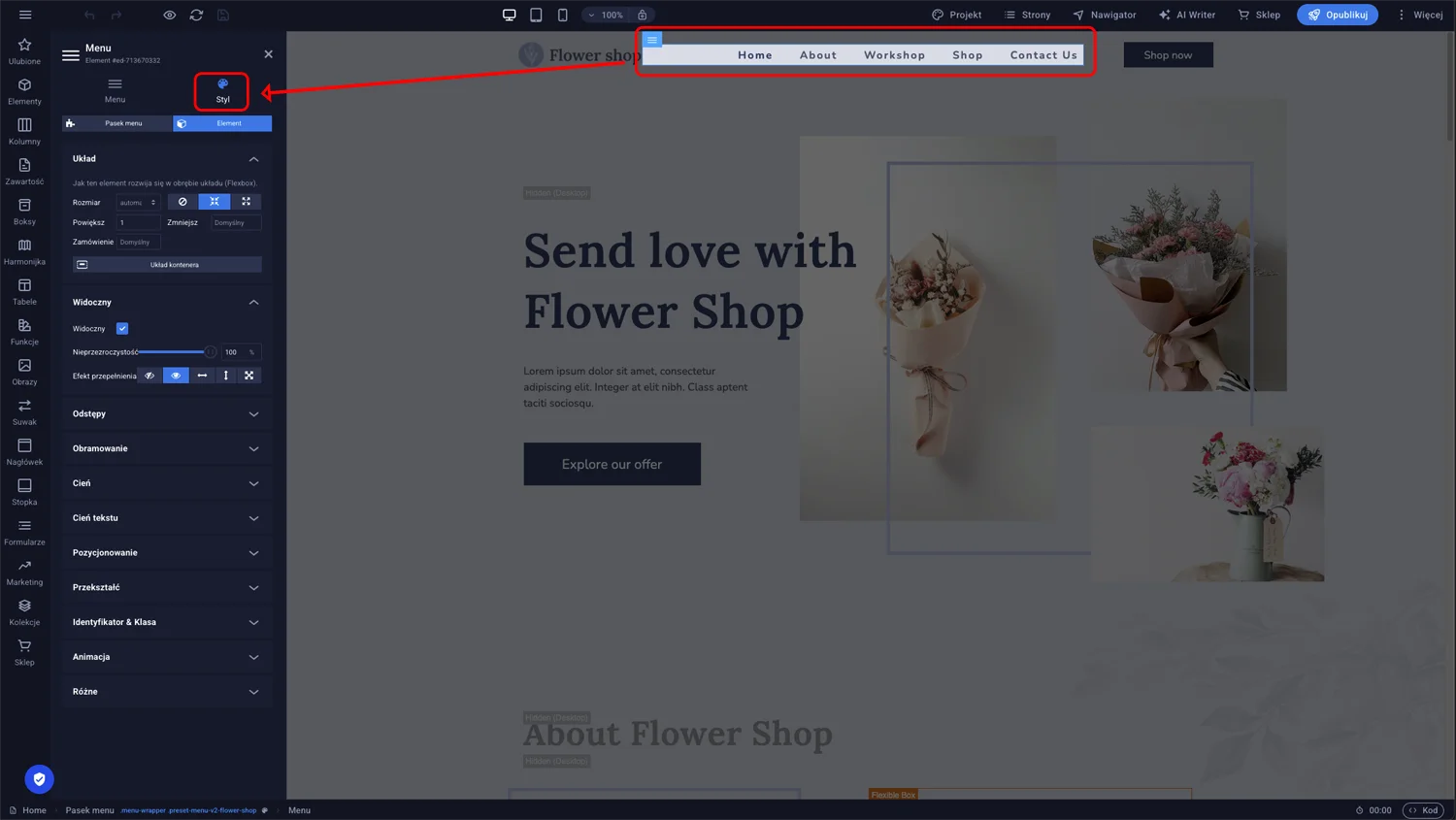 Zakładka Styl w ustawieniach menu Sitejet Builder z opcjami kolorów, czcionek i wyglądu podmenu