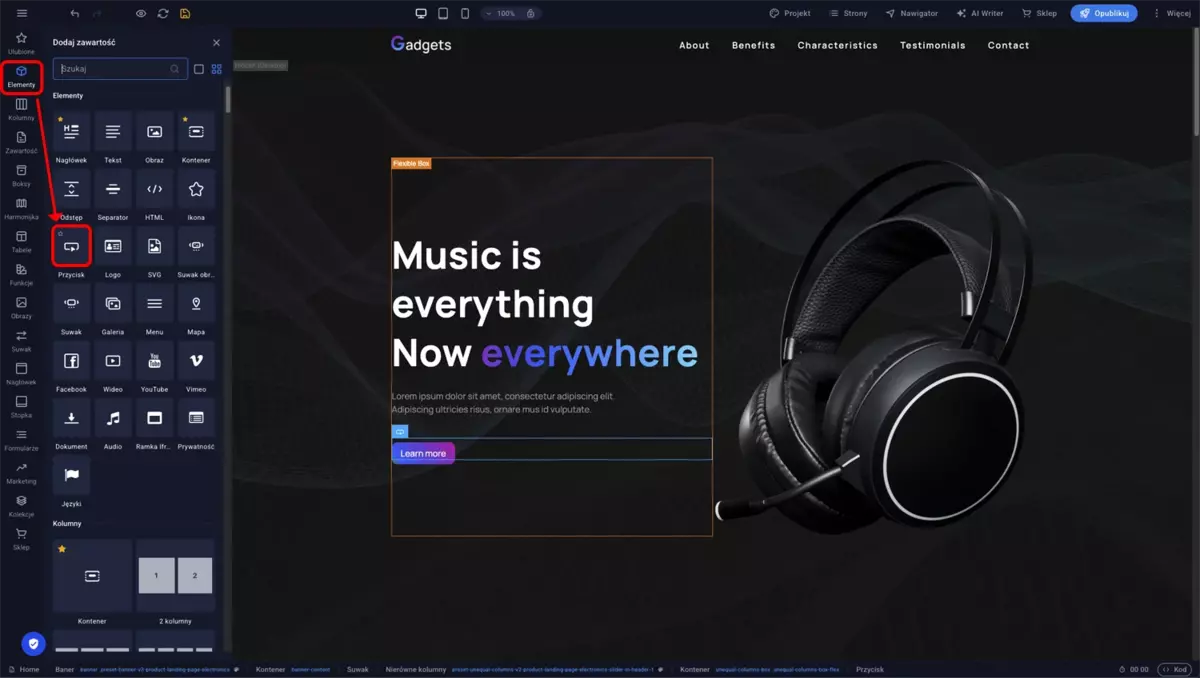 Panel Elementy w Sitejet Builder z zaznaczonym elementem Przycisk gotowym do przeciągnięcia na stronę w edytorze