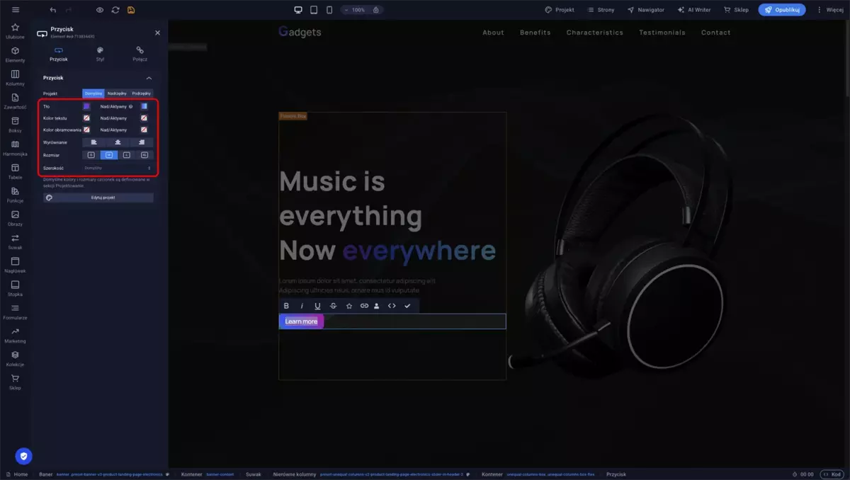 Panel ustawień wyglądu przycisku w Sitejet Builder z dwiema kolumnami — stan domyślny i stan po najechaniu kursorem