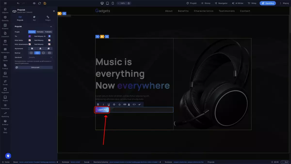 Edycja tekstu na przycisku w Sitejet Builder z widocznym polem wpisywania treści i opcjami formatowania czcionki